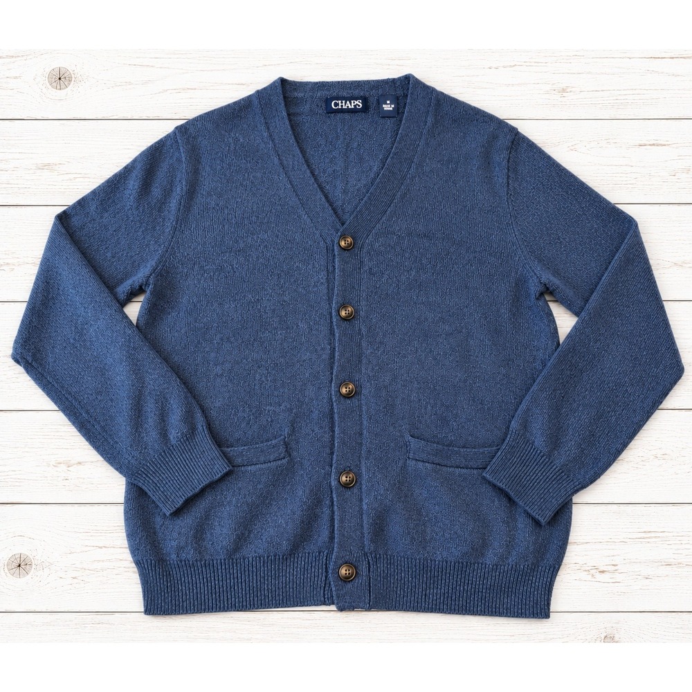 Chaps Cardigan Sweater Blue Cotton Knit V-Neck Button Front Pockets Casual M